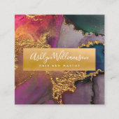 大理石モダン水色金ゴールド紫ピンクブルー スクエア名刺 (正面)