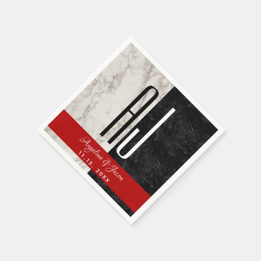 大理石モダン白黒と赤結婚イニシャル スタンダードカクテルナプキン (角)