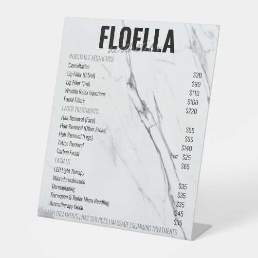 大理石モダン美学サロンサービス価格表 台座サイン (正面)