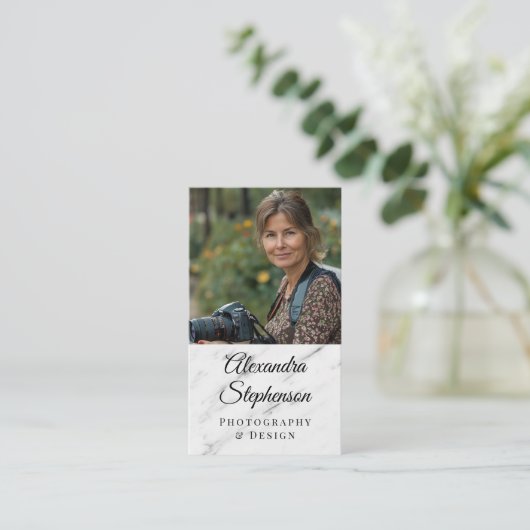 大理石モダン製クラシックエレガントQRコードカスタム写真 名刺 (スタンド正面)