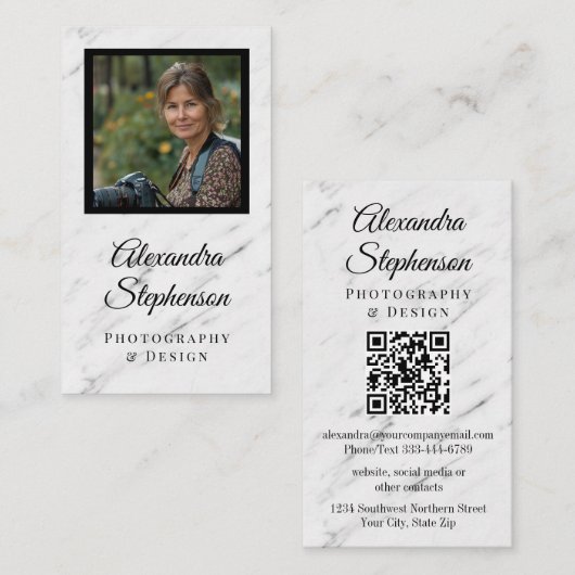 大理石モダン製クラシックエレガントQRコードカスタム写真 名刺 (正面/裏面)