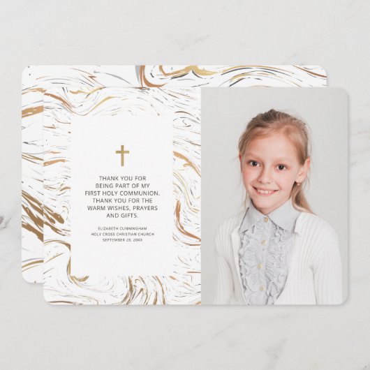大理石モダン金ゴールドクロスフォトコミュニオンありがとう サンキューカード (正面/裏面)