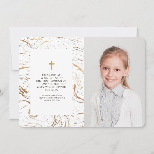 大理石モダン金ゴールドクロスフォトコミュニオンありがとう サンキューカード (正面)