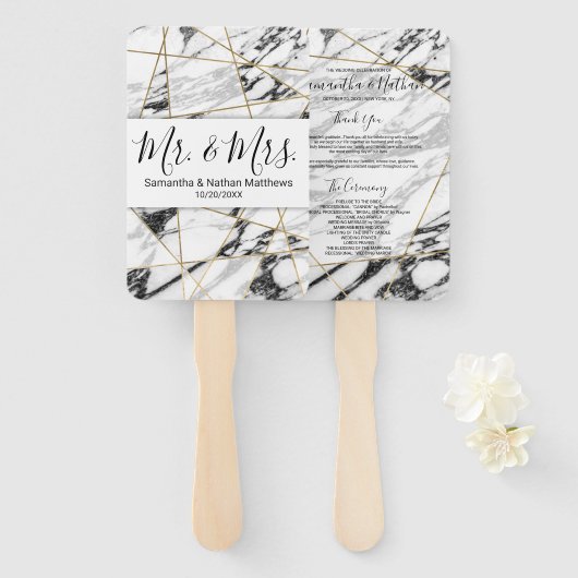 大理石モダン金ゴールド幾何学的結婚式 プログラム ハンドファン (正面&裏面)