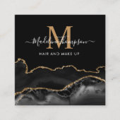 大理石モダン黒金ゴールド写真QRコードモノグラム スクエア名刺 (正面)