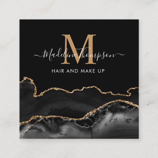 大理石モダン黒金ゴールド写真QRコードモノグラム スクエア名刺 (正面)