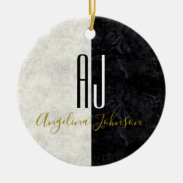 大理石モノグラムの白黒 セラミックオーナメント