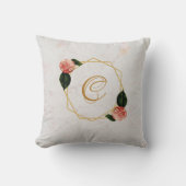 大理石モノグラム金ゴールドピンクカメリアフローラジオメトリ クッション (正面)