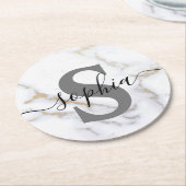 大理石モパーソナライズされたノグラムカスタム文字 ラウンドペーパーコースター (アングル)