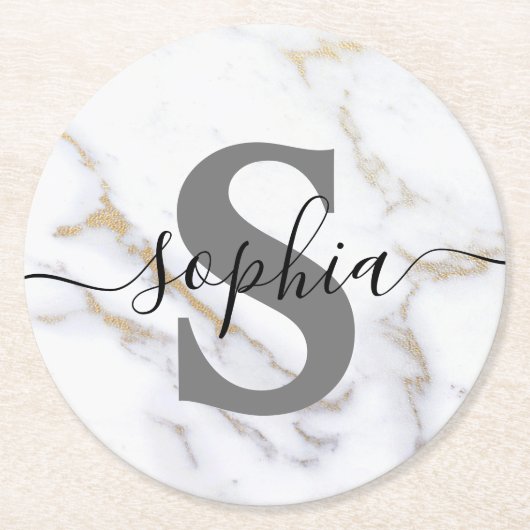 大理石モパーソナライズされたノグラムカスタム文字 ラウンドペーパーコースター (正面)