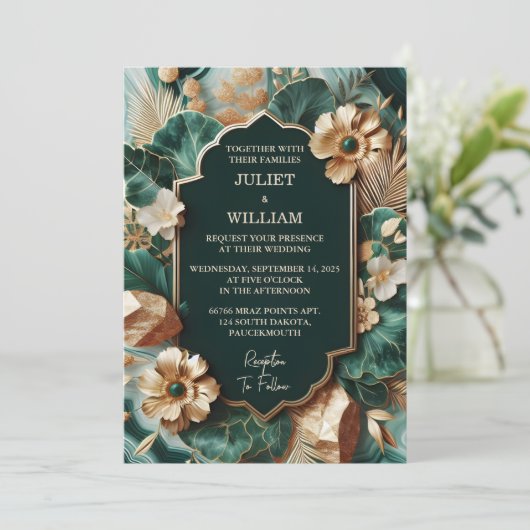 大理石モンスターエメラルドグリーンと金ゴールド結婚の追加 招待状 (スタンド正面)