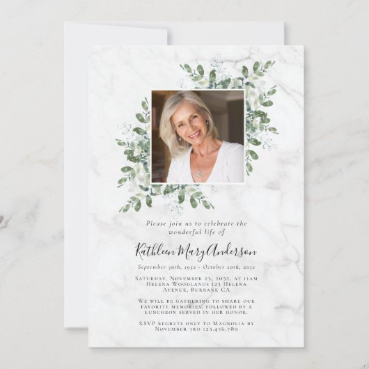 大理石ユーカリ写真お祝い・オブ・ライフ 招待状 (正面)