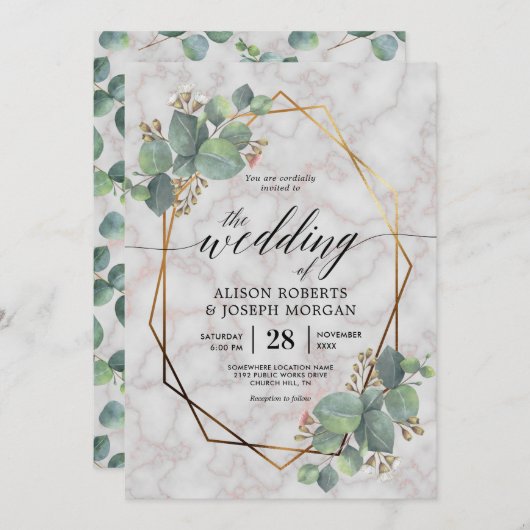 大理石ユーカリ金ゴールド幾何学模様 招待状 (正面/裏面)