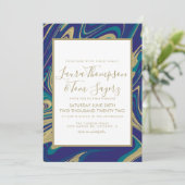 大理石リキッドブルーフェイク金ゴールド結婚抽象芸術 招待状 (スタンド正面)