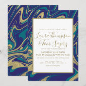 大理石リキッドブルーフェイク金ゴールド結婚抽象芸術 招待状 (正面/裏面)