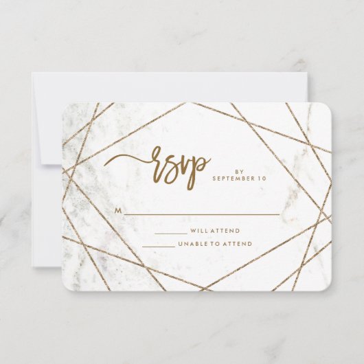 大理石ルックと銅幾何学結婚式RSVP 出欠カード (正面)