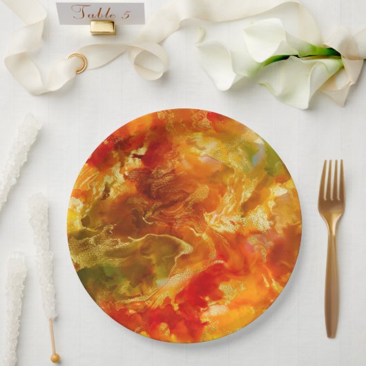 大理石レッド、金ゴールド、オレンジ、インクプリントプレート ペーパープレート (ウェディング)