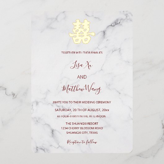 大理石中国のモダン結婚の 箔招待状 (正面)