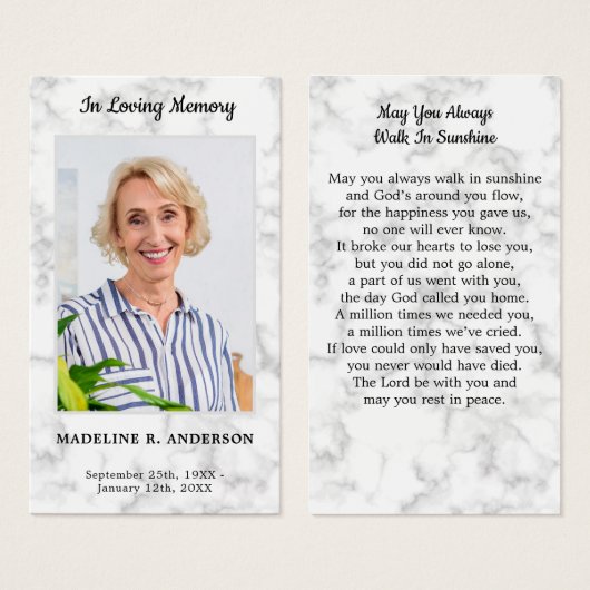 大理石写真記念悔やみや弔慰葬儀祈りの言葉カード (正面&裏面)