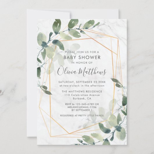 大理石幾何学的金ゴールドユーカリ赤ちゃんシャワー 招待状 (正面)