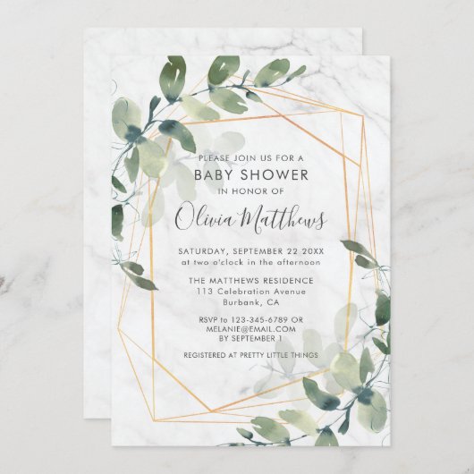 大理石幾何学的金ゴールドユーカリ赤ちゃんシャワー 招待状 (正面/裏面)