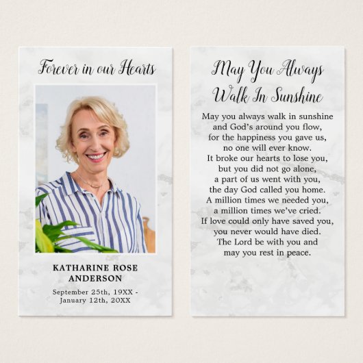 大理石悔やみや弔慰写真葬式祈りの言葉カード (正面&裏面)