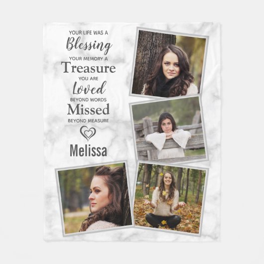 大理石悔やみや弔慰記念物記念フォトコラージュ フリースブランケット (正面)