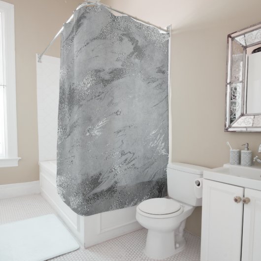 大理石抽象芸術シルバーグレーメタリックストローク シャワーカーテン (インサイチュ)