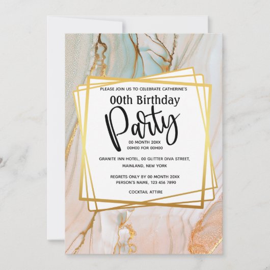 大理石桃金ゴールド花崗岩幾何誕生パーティー 招待状 (正面)