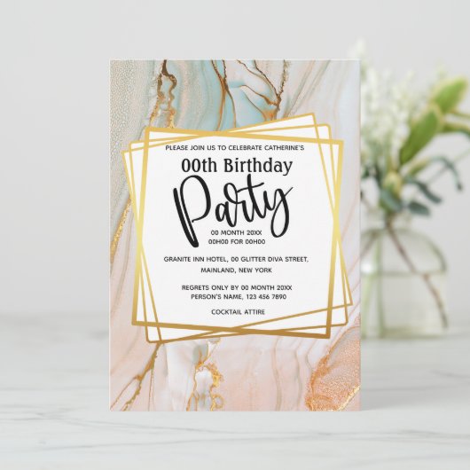 大理石桃金ゴールド花崗岩幾何誕生パーティー 招待状 (スタンド正面)