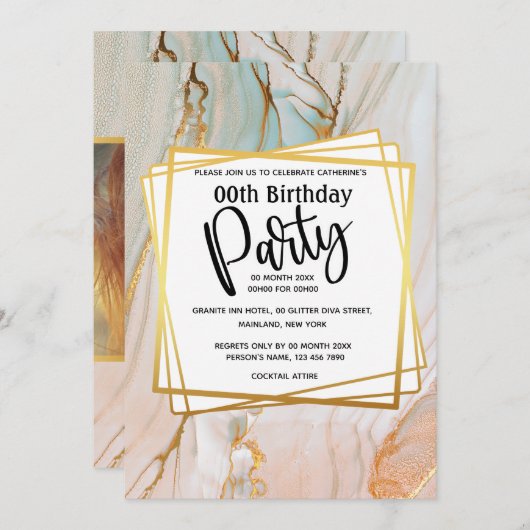 大理石桃金ゴールド花崗岩幾何誕生パーティー 招待状 (正面/裏面)