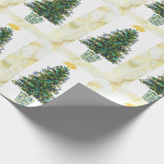 大理石模様にされたフレームの音楽記号のクリスマスツリー ラッピングペーパー (角)