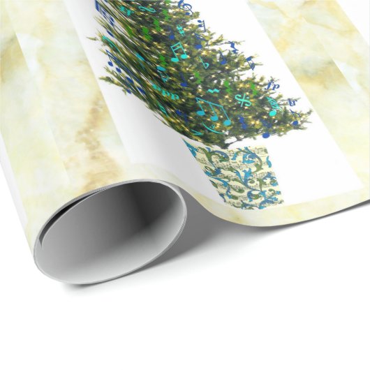 大理石模様にされたフレームの音楽記号のクリスマスツリー ラッピングペーパー (ロールコーナー)