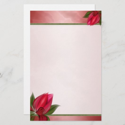 大理石模様をつけられたピンクの赤い開花 便箋 (正面/裏面)