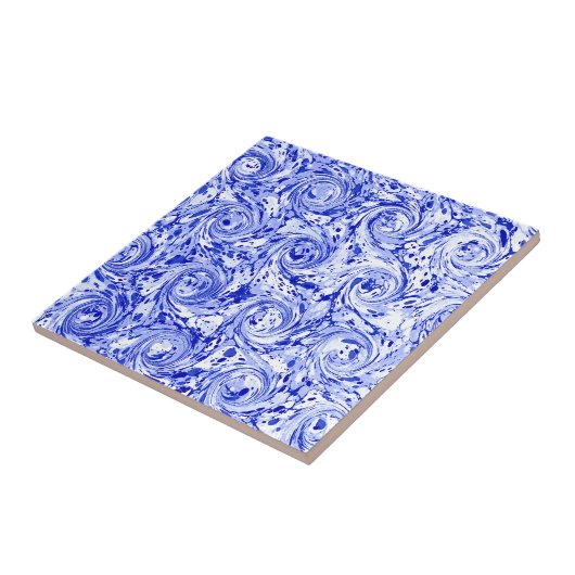 大理石模様をつけられた抽象デザイン|の青い白の渦巻 タイル (側面)