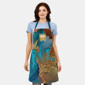 大理石水彩ターコイズ金ゴールドサロンモノグラム エプロン (着用した状態)