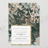 大理石液体コーラルグリーンリータイポグラフィ結婚ズ 招待状 (正面/裏面)