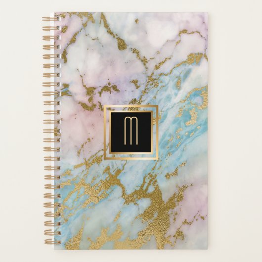 大理石淡い色の金ゴールドターコイズモノグラム プランナー手帳 (正面)
