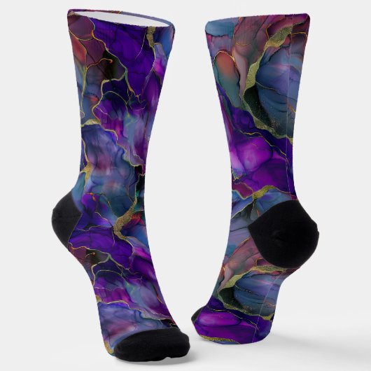 大理石深い紫 – 青と金ゴールドアクセント ソックス (傾斜あり)