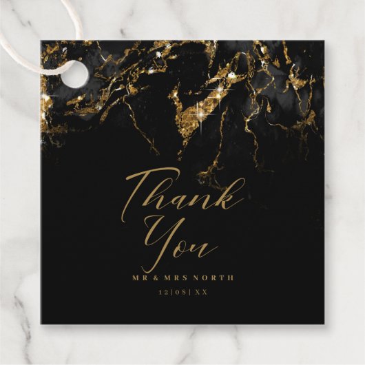 大理石結婚グリッターの感謝してい黒金ゴールドID644 フェイバータグ (正面)