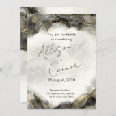 大理石結婚式招待状(黒と金ゴールドコーム) 招待状 (正面/裏面)