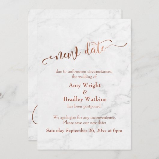 大理石結婚銅延期の"新しい日付" 招待状 (正面/裏面)