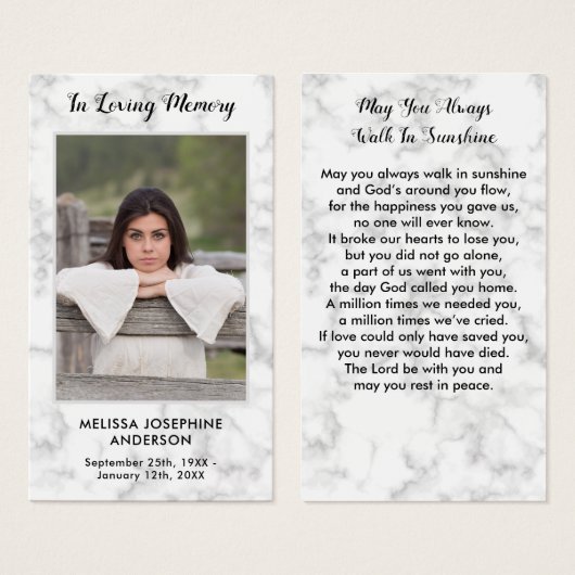 大理石葬儀記念写真悔やみや弔慰祈りの言葉カード (正面&裏面)