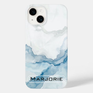 大理石調 ホワイト×ブルー おしゃれ オーダーメイド 名前入り Case-Mate iPhone 14ケース