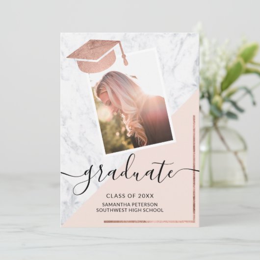 大理石赤面バラ金ゴールド卒業写真卒業 招待状 (スタンド正面)
