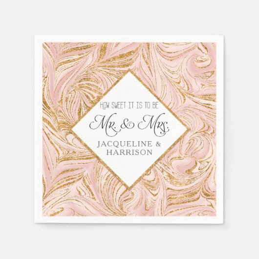 大理石赤面ピンクローズ金ゴールド結婚グリッターズデコール スタンダードカクテルナプキン (正面)