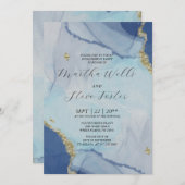 大理石金ゴールドグリッター/ダスティーブルー婚約パーティ 招待状 (正面/裏面)