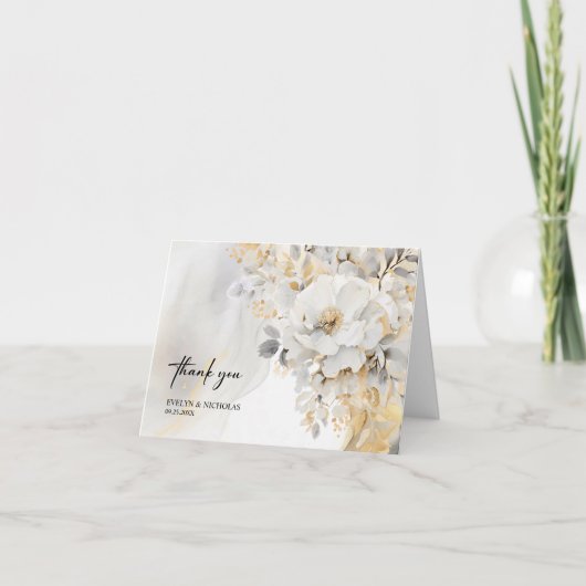 大理石金ゴールドグレー金ゴールド結婚フローラの写真 サンキューカード (正面)
