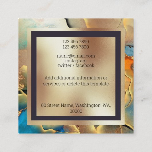大理石金ゴールドブルーオレンジのインク煙モノグラム正方形 スクエア名刺 (裏面)