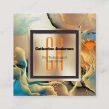 大理石金ゴールドブルーオレンジのインク煙モノグラム正方形